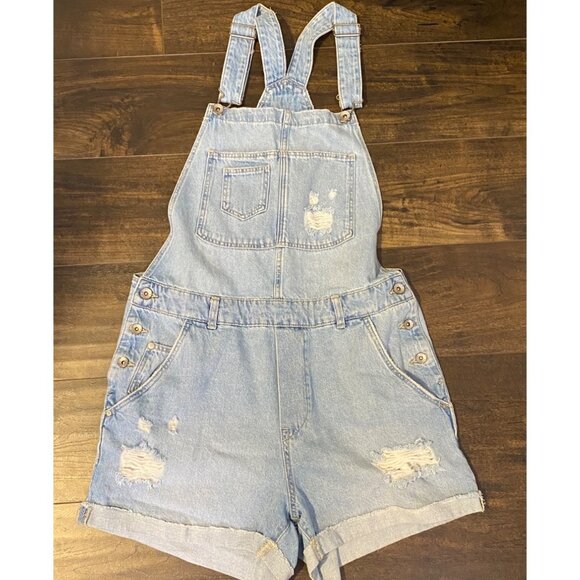 & Denim Overall Shorts Women's 10 Distressed Light Wash Denim Casual Y2K Comfy - Picture 4 of 15